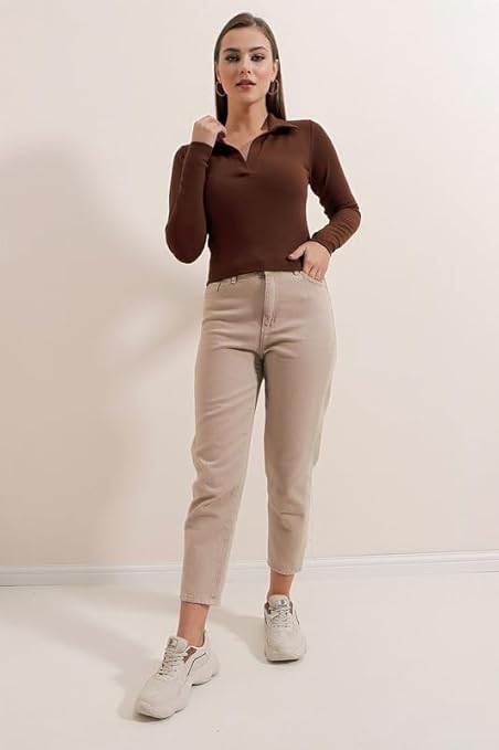 Dream Beauty Fashion Women's Collared Neck Long Sleeve Slim Fit Casual Tee Top, 23" inches (Apple-01-P)