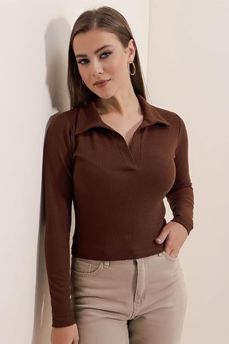 Dream Beauty Fashion Women's Collared Neck Long Sleeve Slim Fit Casual Tee Top, 23" inches (Apple-01-P)