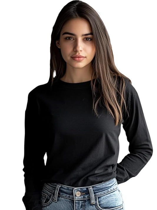 JOVELLA Pure Cotton Round Neck Regular Fit Solid Full Sleeve T-Shirt for Women & Girls in 6 Colors