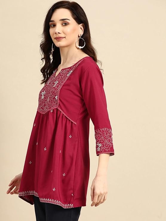 Rivoria Women's Rayon Regular Fit Embroidered Top for Casual, Office and Everyday Stylish Wear