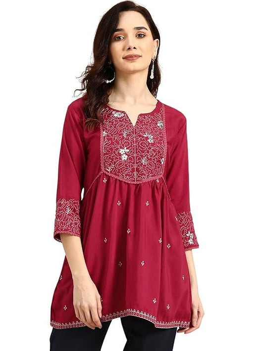 Rivoria Women's Rayon Regular Fit Embroidered Top for Casual, Office and Everyday Stylish Wear