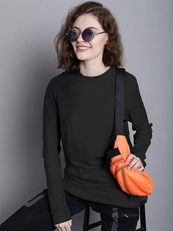 JOVELLA Pure Cotton Round Neck Regular Fit Solid Full Sleeve T-Shirt for Women & Girls in 6 Colors