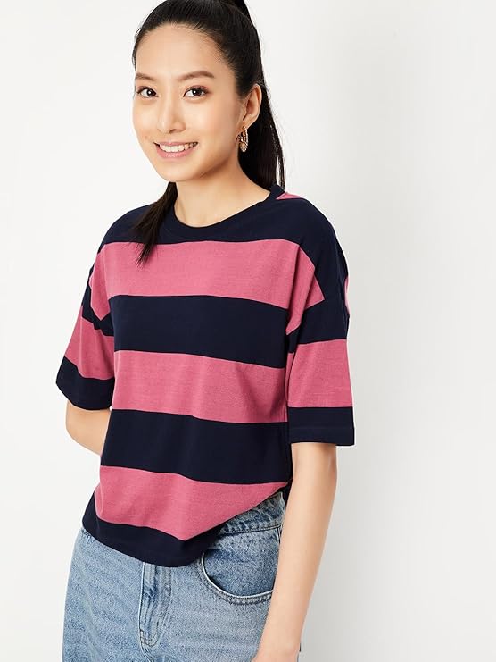 Maven Women's Cotton Regular Fit Striped Drop Shoulder T-Shirt - Comfortable Casual Everyday Wear