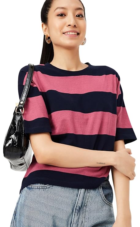 Maven Women's Cotton Regular Fit Striped Drop Shoulder T-Shirt - Comfortable Casual Everyday Wear