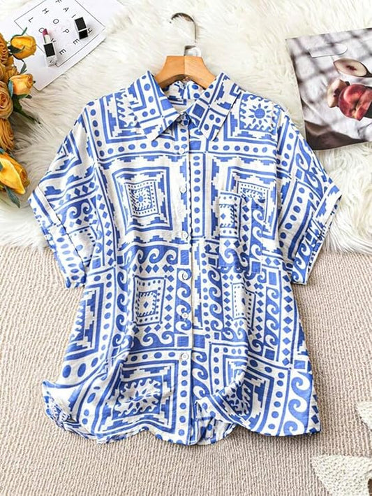 Gilvana Women's Geometric Print Polyester Shirt - Half Raglan Sleeves, Spread Collar, Relaxed Fit (104 characters)