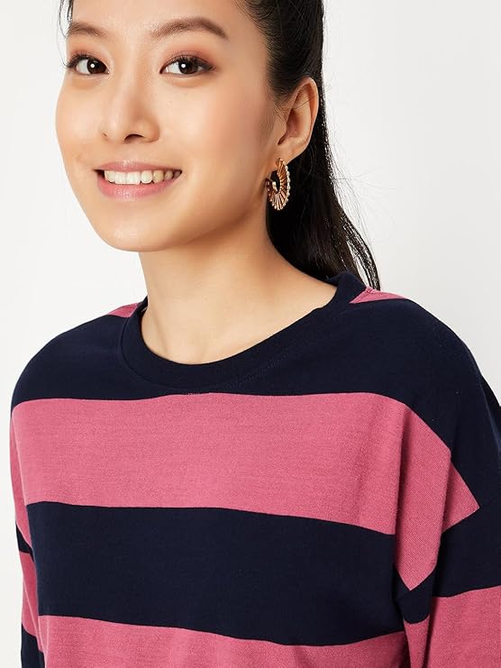 Maven Women's Cotton Regular Fit Striped Drop Shoulder T-Shirt - Comfortable Casual Everyday Wear